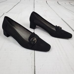 Stuart Weitzman black suede block heel w/ buckle